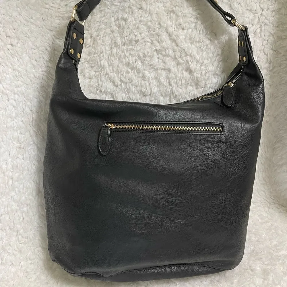 Madison West black faux leather basket weave large hobo bag gold tone hardwares